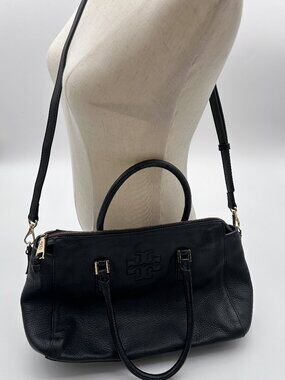 Tory Burch Black Pebbled Leather Satchel Crossbody Bag Gold Hardware